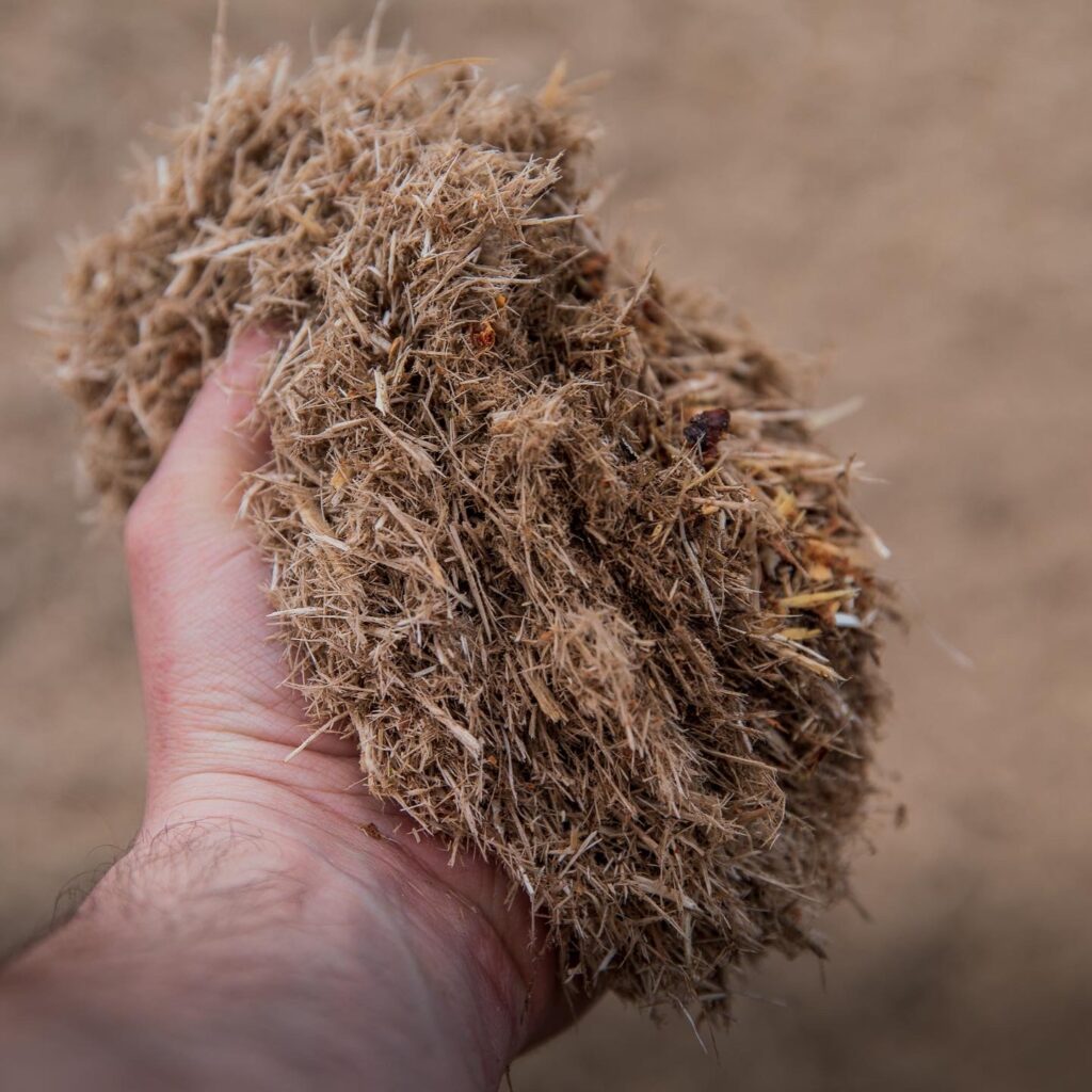 Northern Timber Management Biomass Services featuring a hand holding mulched soil